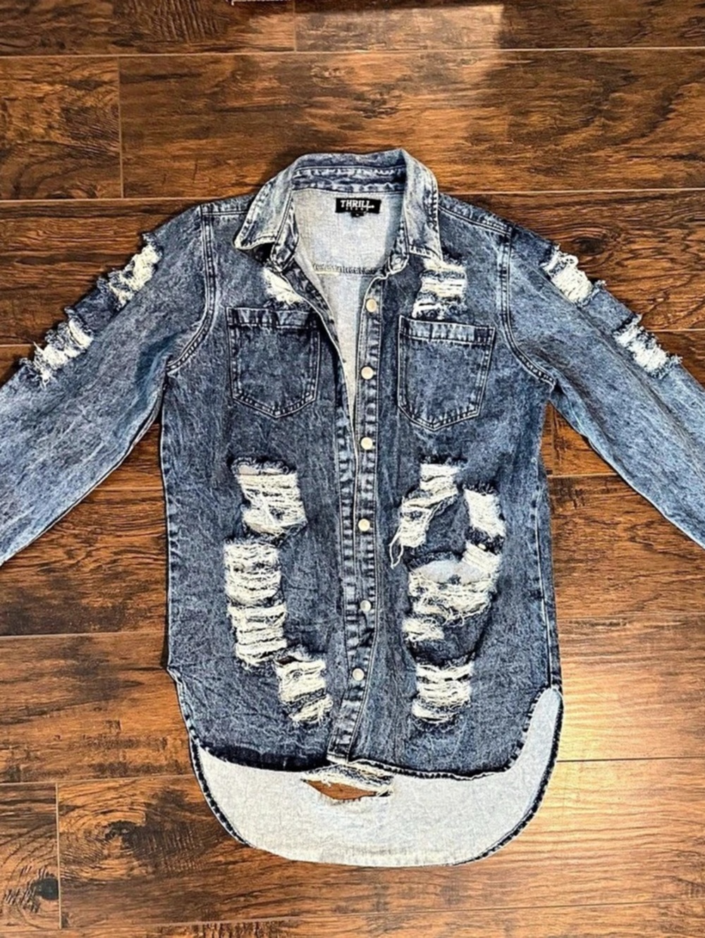 Thrill Jeans Distressed Denim Shirt Jacket Blue Large